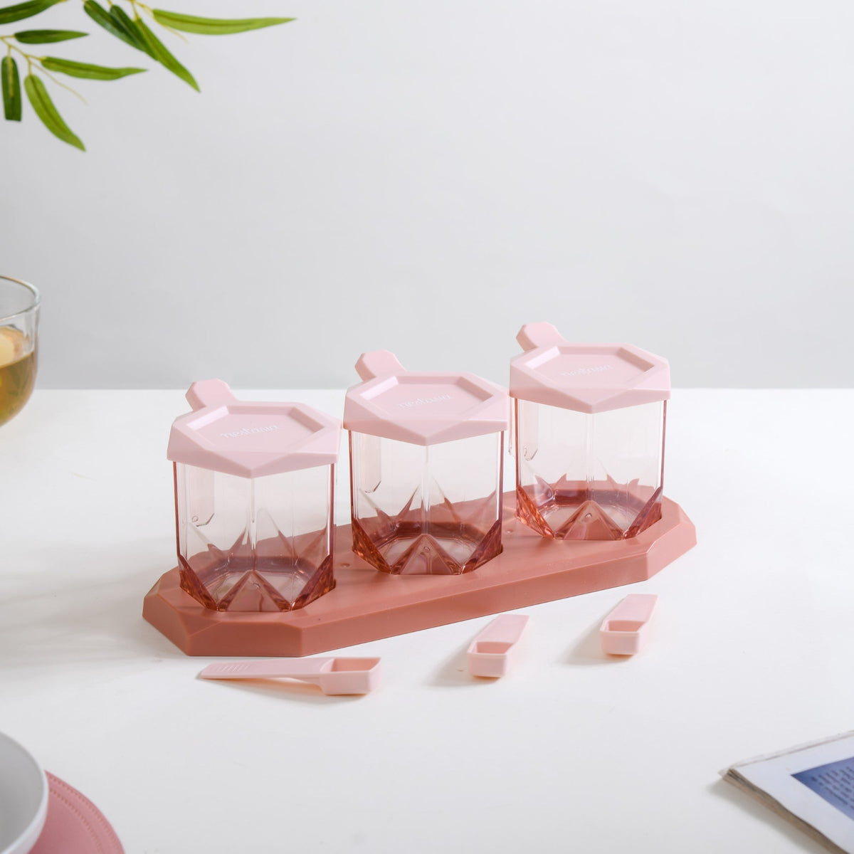 Spice Containers With Spoons Set Of 3 Pink Nestasia