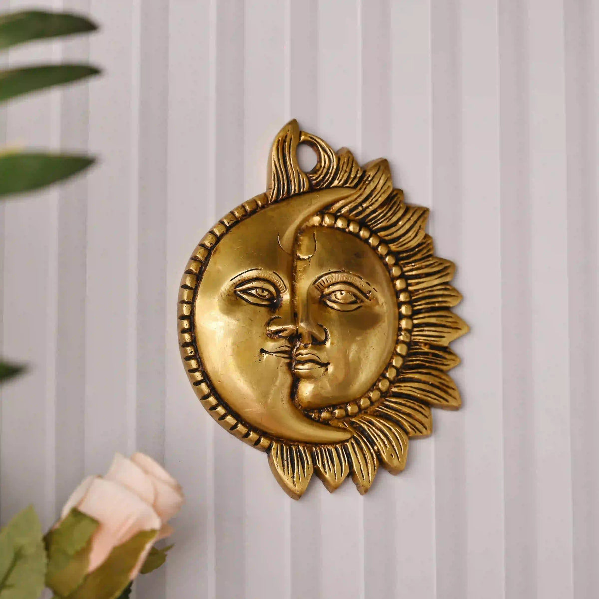 Brass Sun With Moon Wall Hanging – Handmade Premium Brass Decor (6.4 Inch) Vedansh Craft
