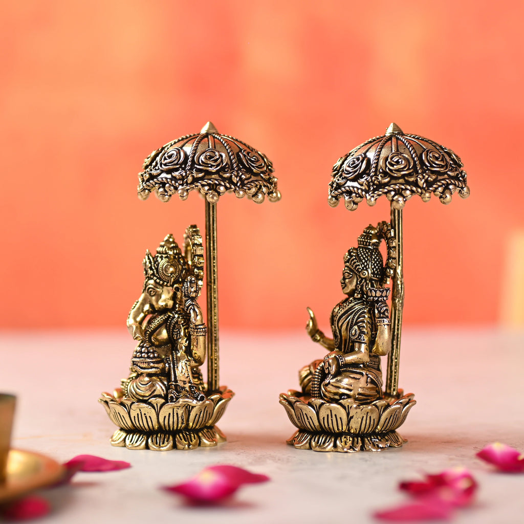 Brass Sitting On Lotus Ganesha And Lakshmi Lightweight Idols Set With Umbrella (4.5 Inch) Vedansh Craft