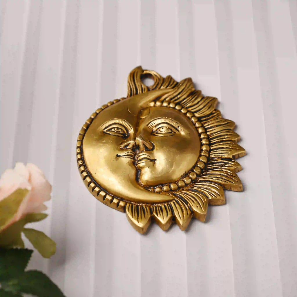 Brass Sun With Moon Wall Hanging – Handmade Premium Brass Decor (6.4 Inch) Vedansh Craft