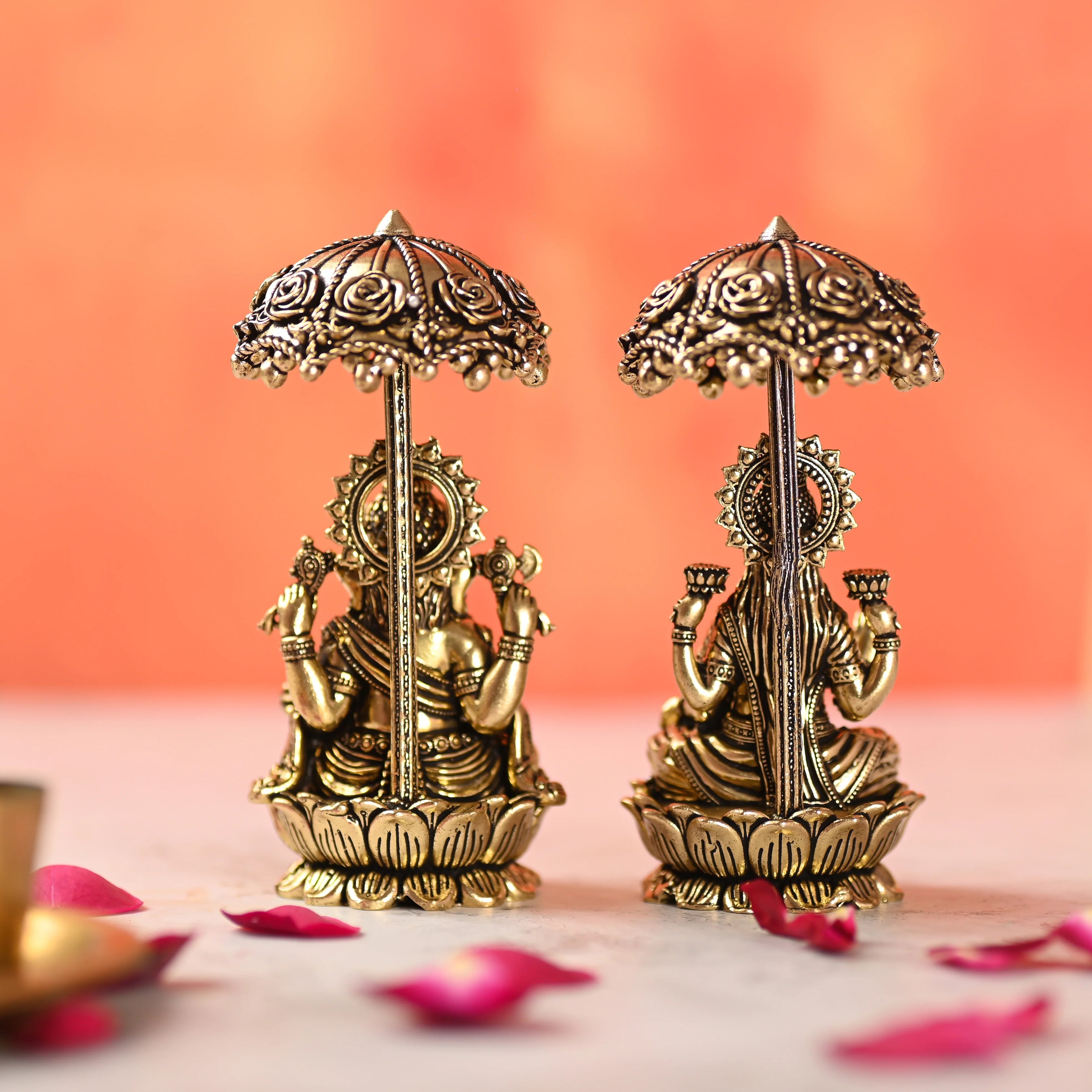 Brass Sitting On Lotus Ganesha And Lakshmi Lightweight Idols Set With Umbrella (4.5 Inch) Vedansh Craft