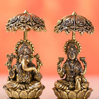 Brass Sitting On Lotus Ganesha And Lakshmi Lightweight Idols Set With Umbrella (4.5 Inch)