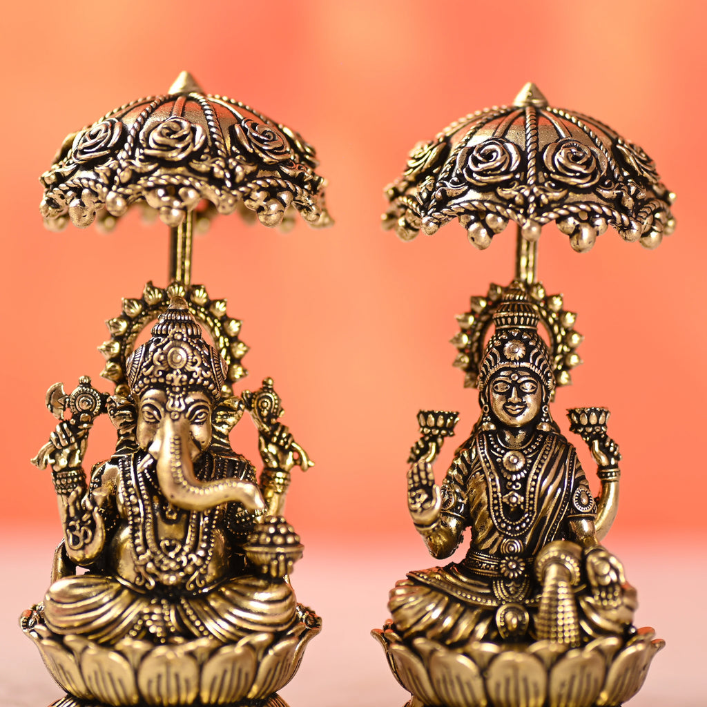 Brass Sitting On Lotus Ganesha And Lakshmi Lightweight Idols Set With Umbrella (4.5 Inch) Vedansh Craft