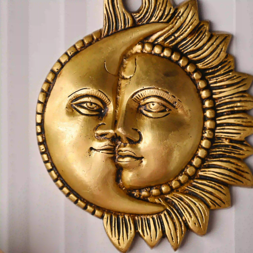 Brass Sun With Moon Wall Hanging – Handmade Premium Brass Decor (6.4 Inch) Vedansh Craft