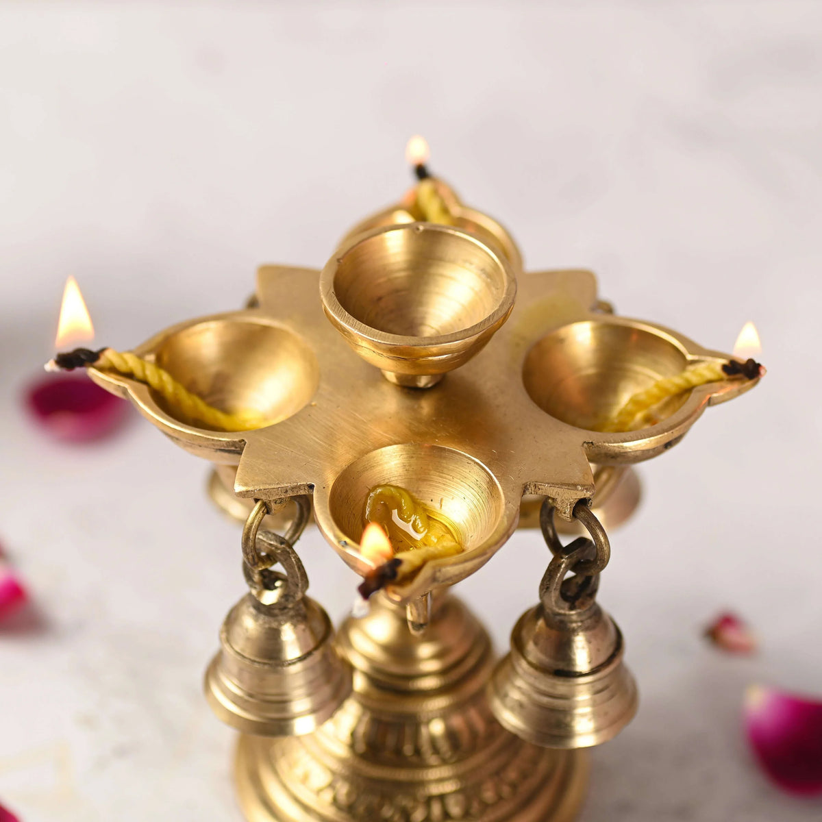 Brass Four Petal Diya With Hanging Bell (5 Inch) Vedansh Craft