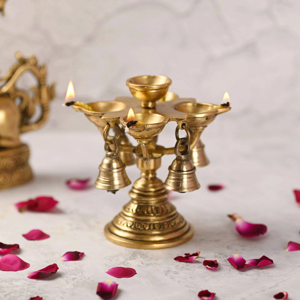 Brass Four Petal Diya With Hanging Bell (5 Inch) Vedansh Craft