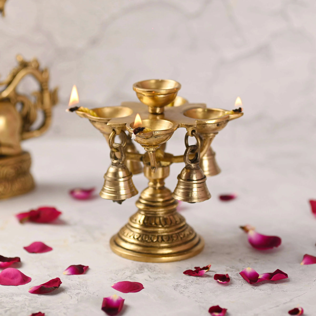 Brass Four Petal Diya With Hanging Bell (5 Inch) Vedansh Craft