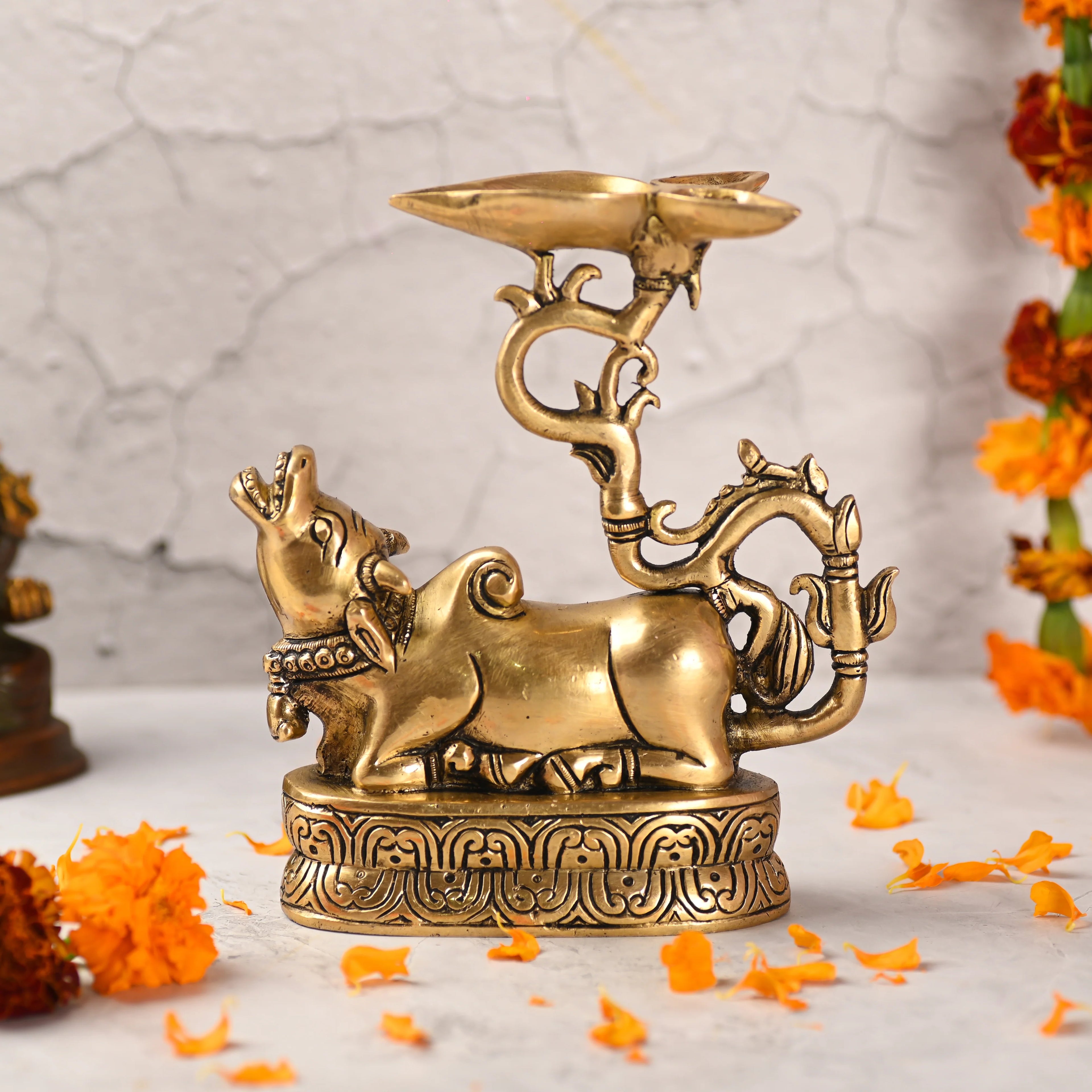 Brass Sitting Nandi Idol With Three Petal Diya (7 Inch) Vedansh Craft