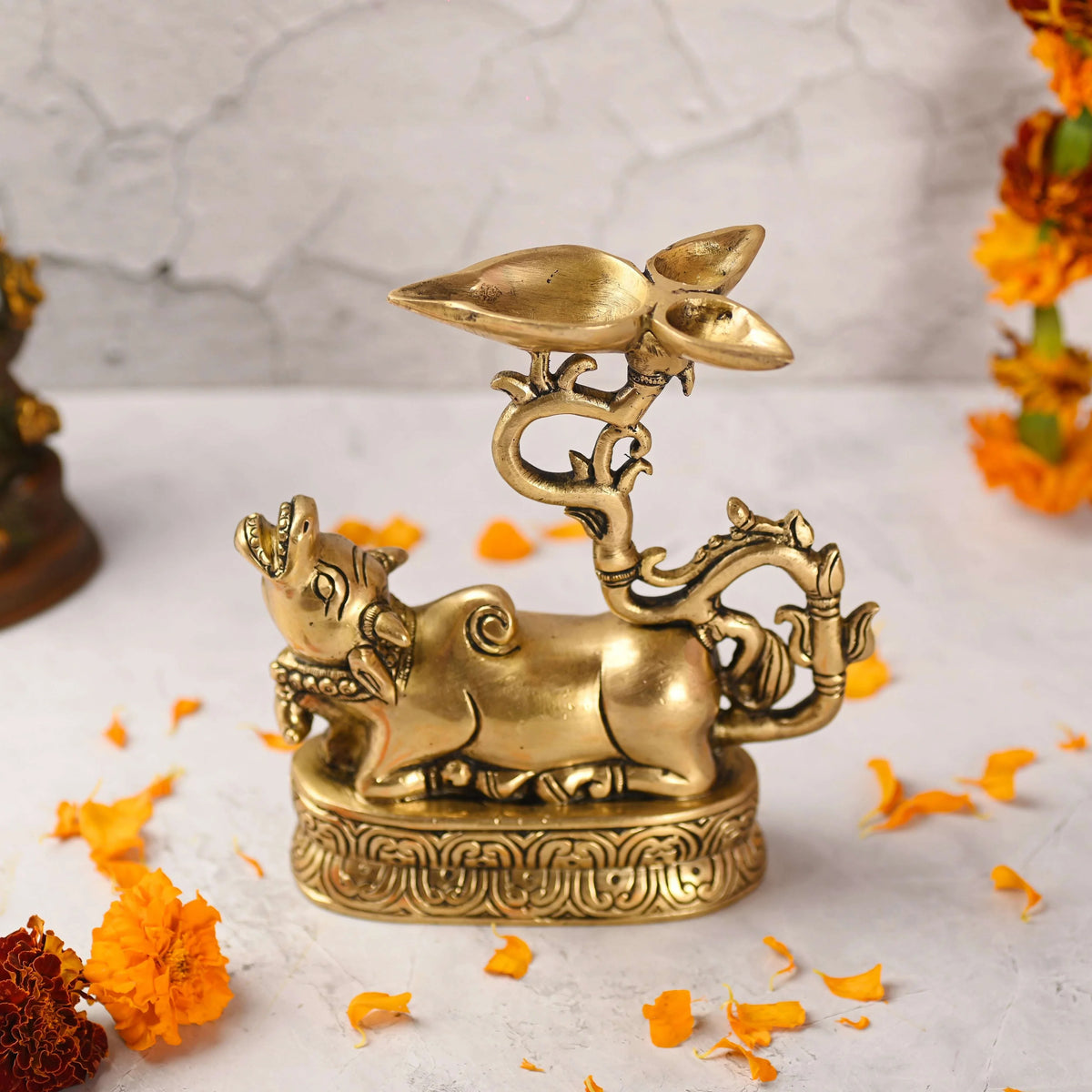 Brass Sitting Nandi Idol With Three Petal Diya (7 Inch) Vedansh Craft
