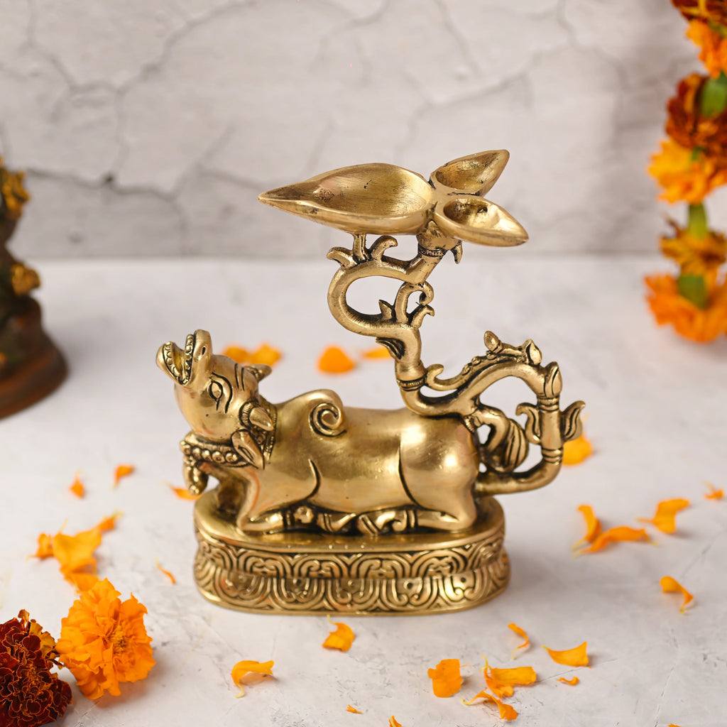 Brass Sitting Nandi Idol With Three Petal Diya (7 Inch) Vedansh Craft