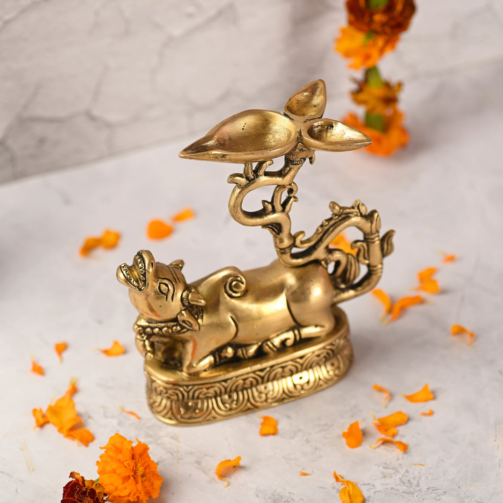 Brass Sitting Nandi Idol With Three Petal Diya (7 Inch) Vedansh Craft