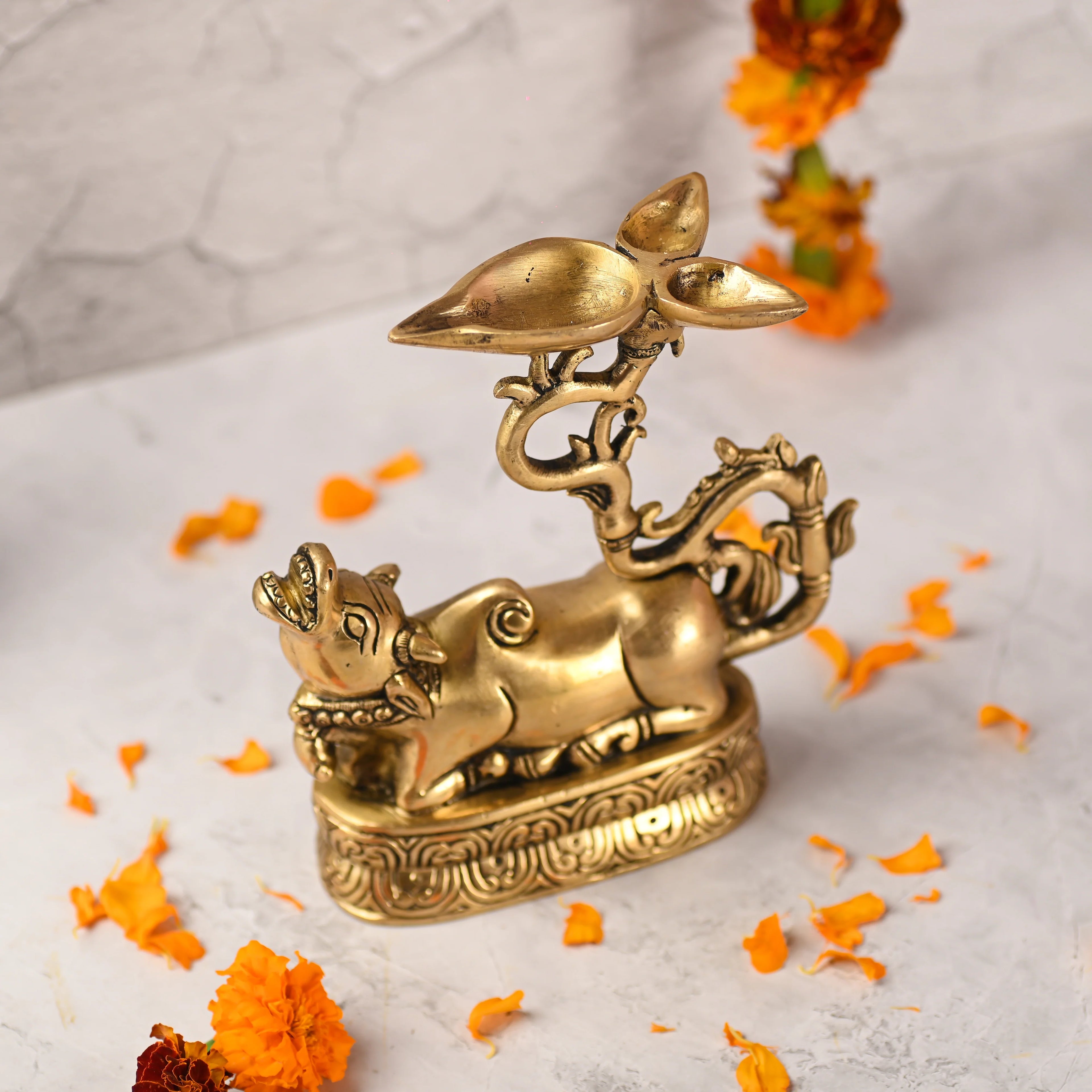 Brass Sitting Nandi Idol With Three Petal Diya (7 Inch) Vedansh Craft