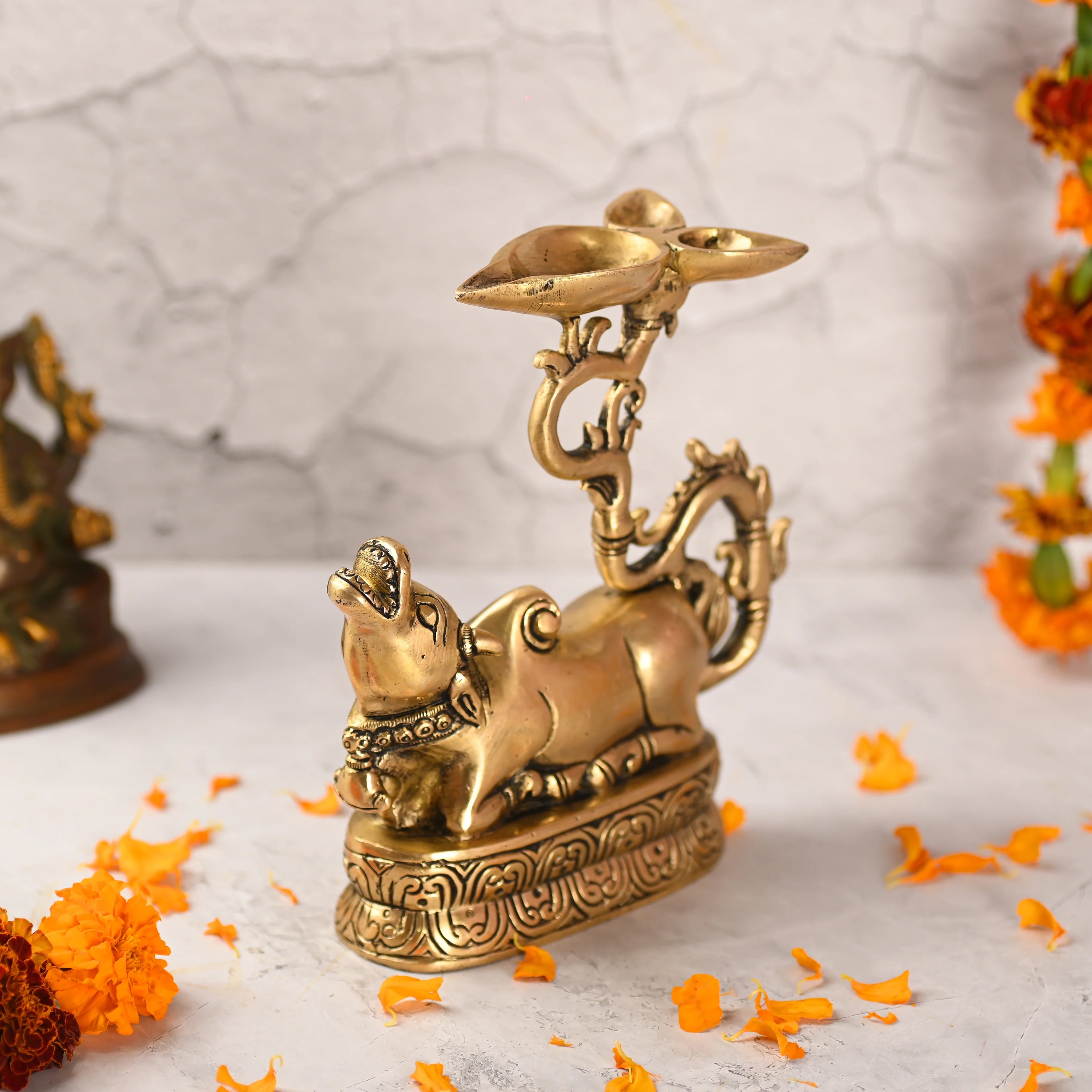Brass Sitting Nandi Idol With Three Petal Diya (7 Inch) Vedansh Craft
