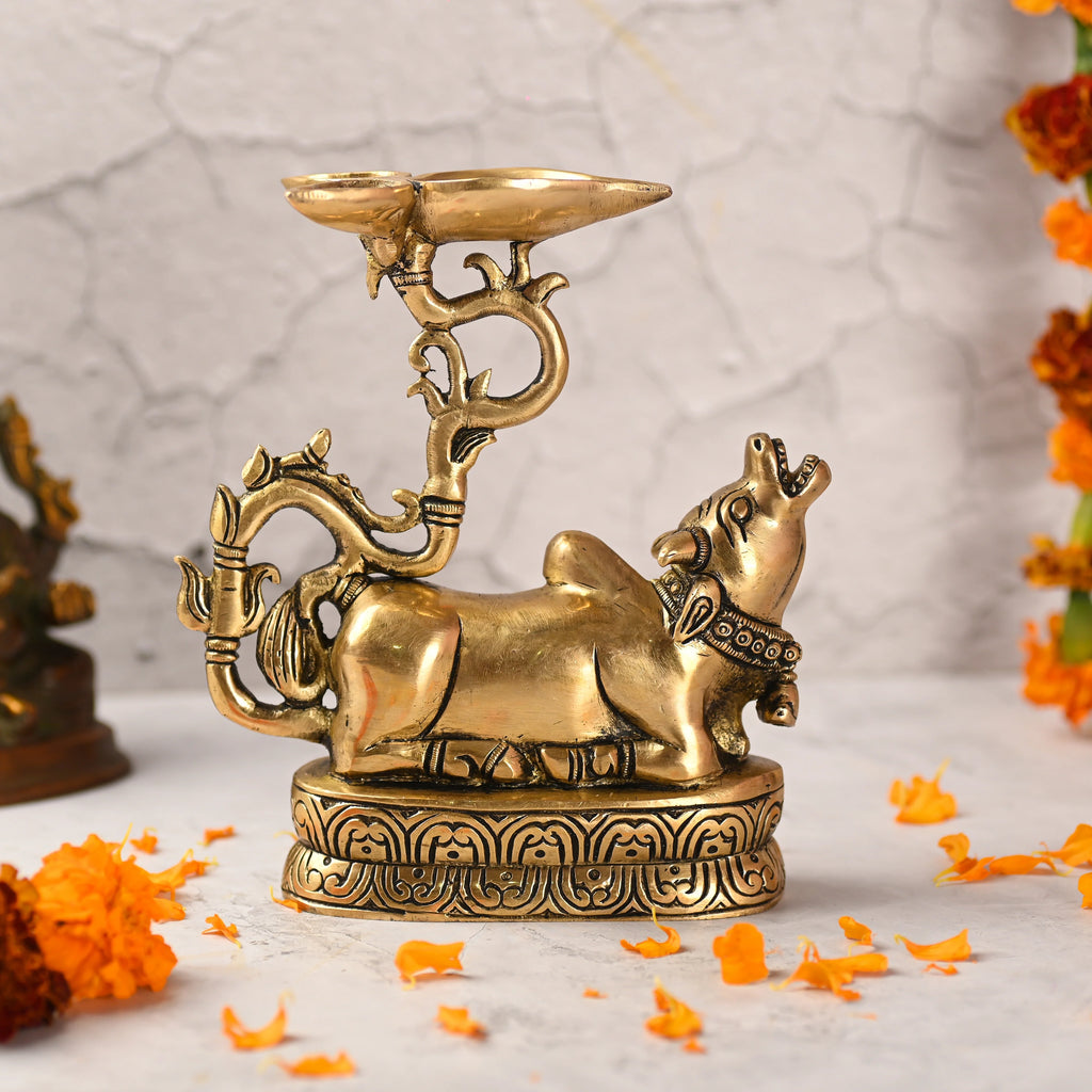 Brass Sitting Nandi Idol With Three Petal Diya (7 Inch) Vedansh Craft