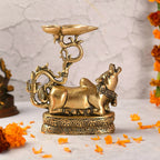 Brass Sitting Nandi Idol With Three Petal Diya (7 Inch) Vedansh Craft