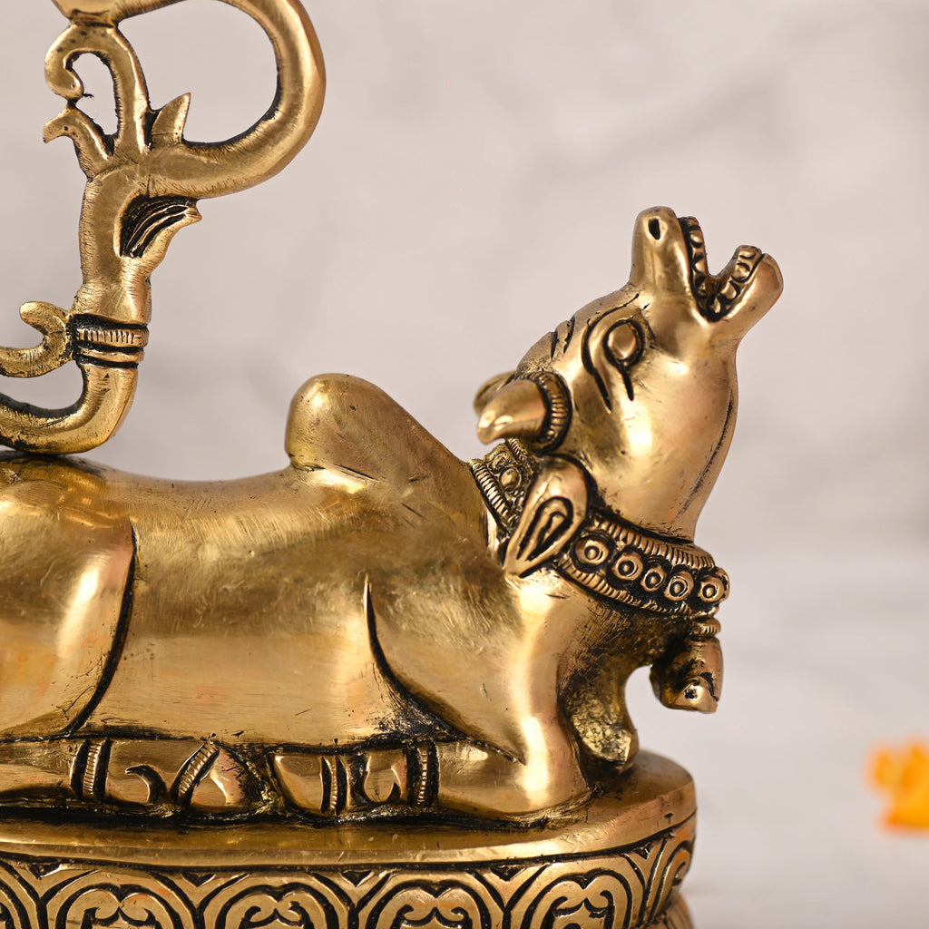 Brass Sitting Nandi Idol With Three Petal Diya (7 Inch) Vedansh Craft