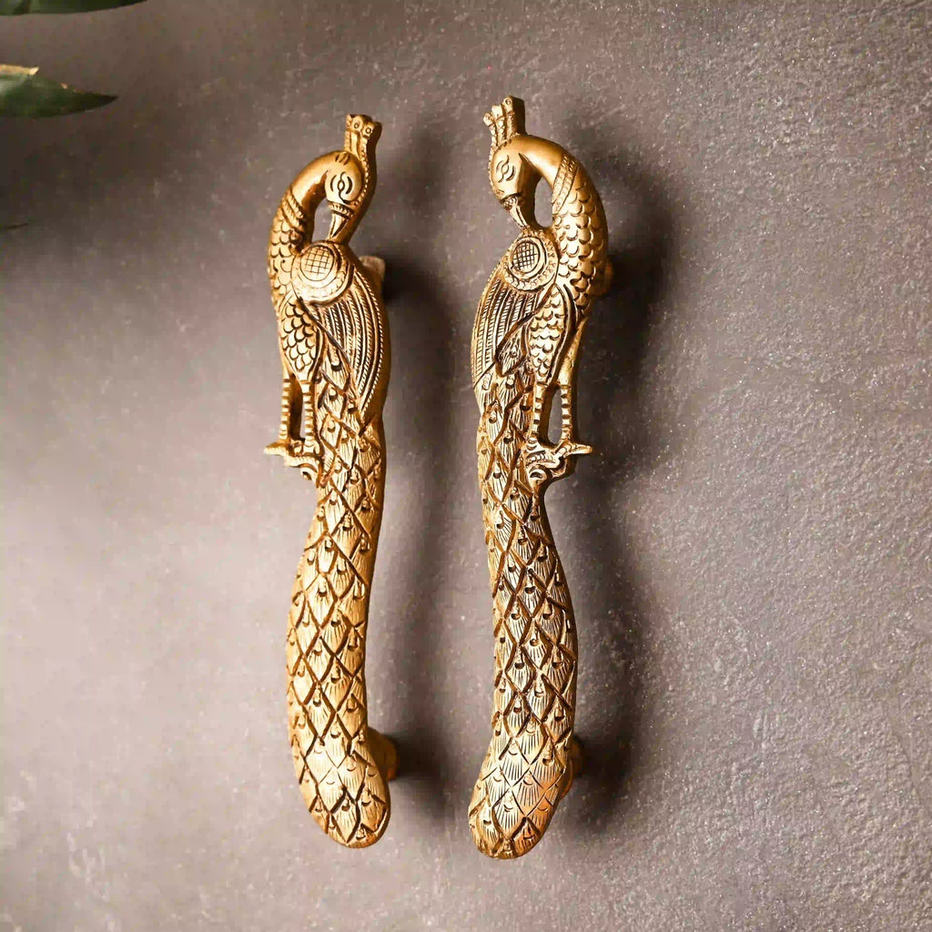 Brass Peacock Door Handle Pair (9.5 Inch) Vedansh Craft
