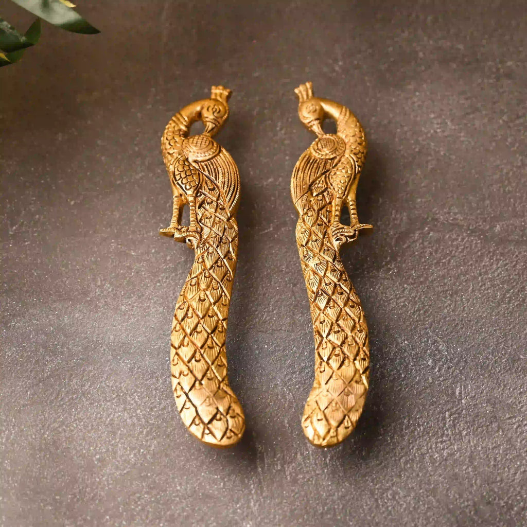 Brass Peacock Door Handle Pair (9.5 Inch) Vedansh Craft