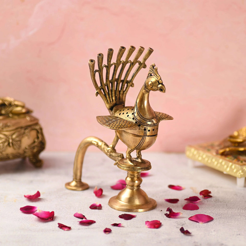 Brass Peacock Dhoop Dani & Incense Holder (8.5 Inch) Vedansh Craft