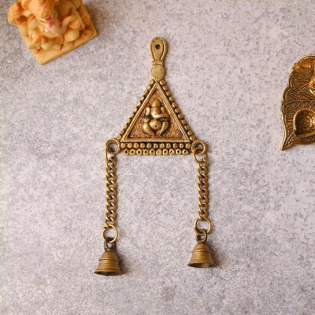 Brass Triangle Ganesha Wall Hanging with Bell (10 Inch) Vedansh Craft