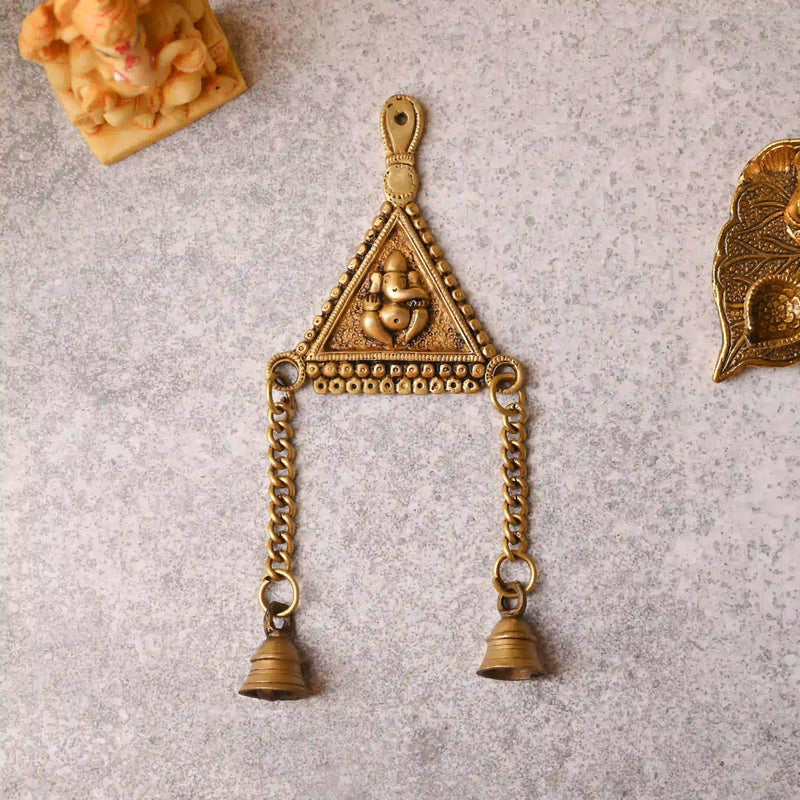 Brass Triangle Ganesha Wall Hanging with Bell (10 Inch) Vedansh Craft