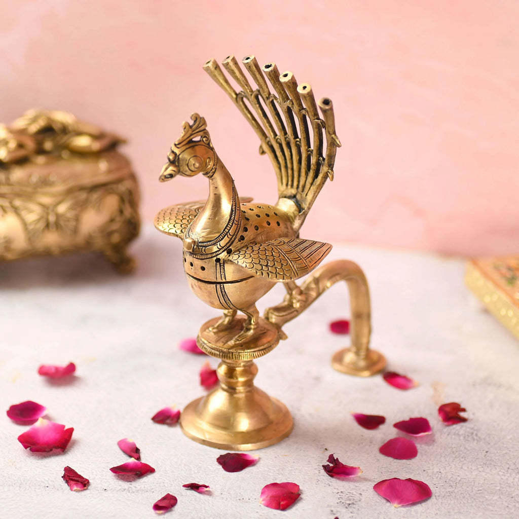 Brass Peacock Dhoop Dani & Incense Holder (8.5 Inch) Vedansh Craft