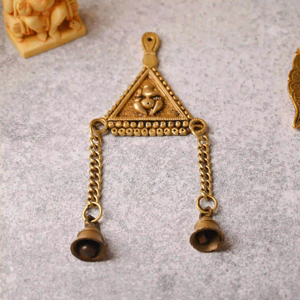 Brass Triangle Ganesha Wall Hanging with Bell (10 Inch) Vedansh Craft
