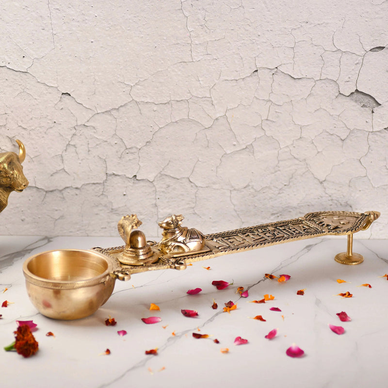 Brass Uddharani Ritual Spoon with Nandi and Shivling (23.5 Inch) Vedansh Craft