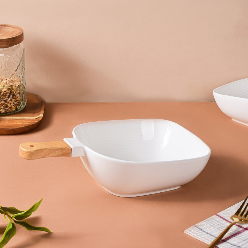 Riona Ceramic Bowl With Wooden Handle White Large Nestasia