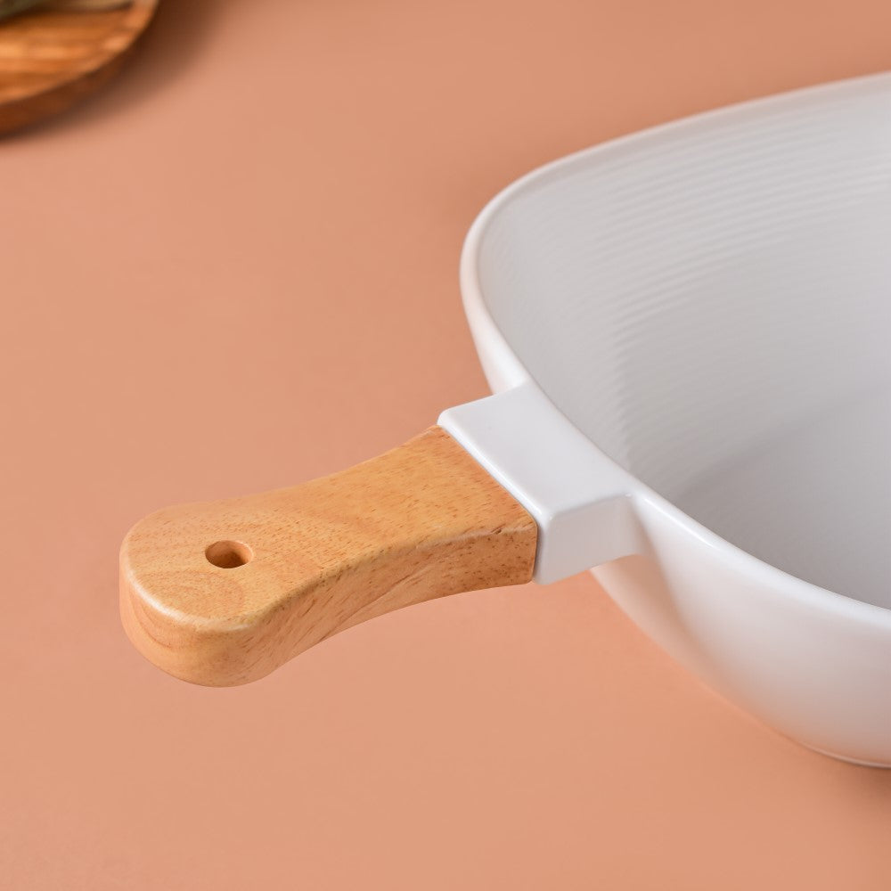 Riona Ceramic Bowl With Wooden Handle White Large Nestasia