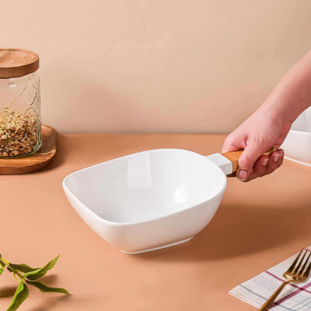 Riona Ceramic Bowl With Wooden Handle White Large Nestasia