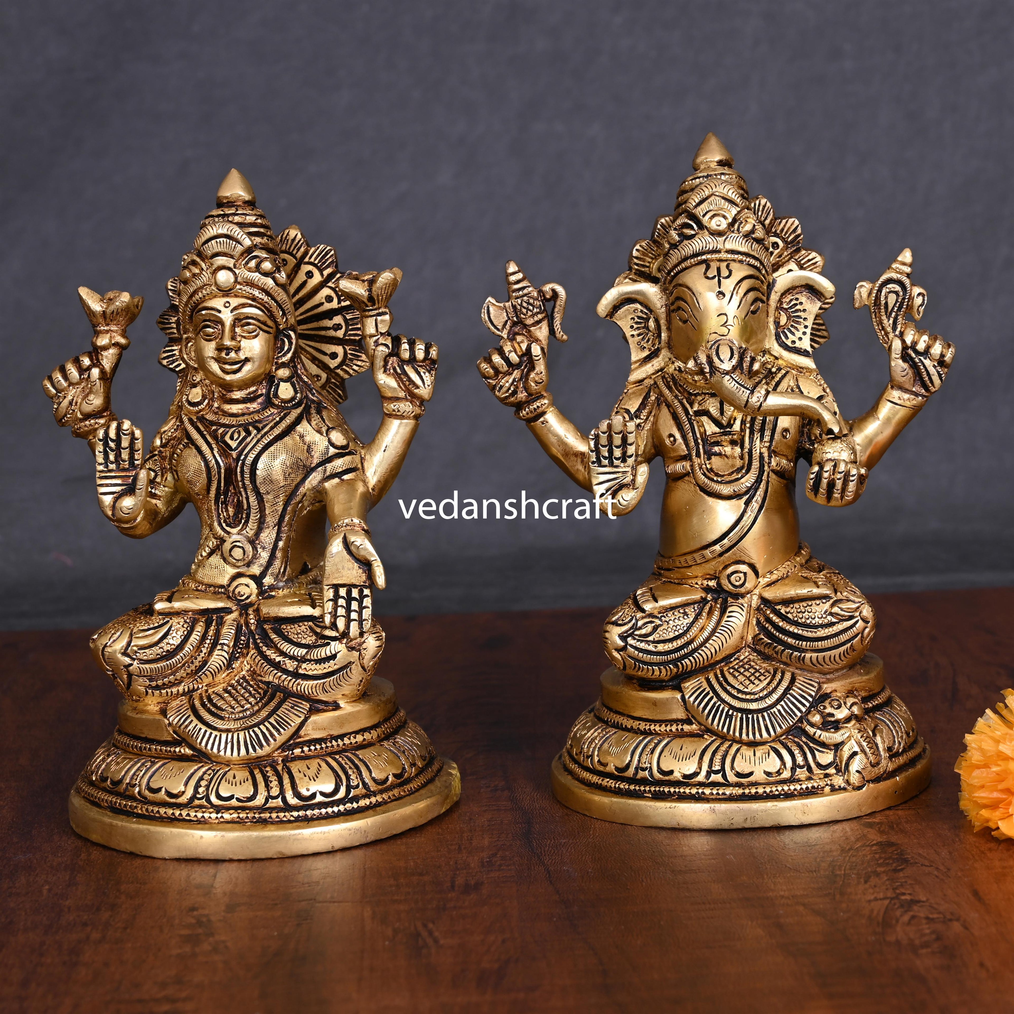 Brass Sitting Ganesha And Lakshmi Idols (6.8 Inch) Vedansh Craft