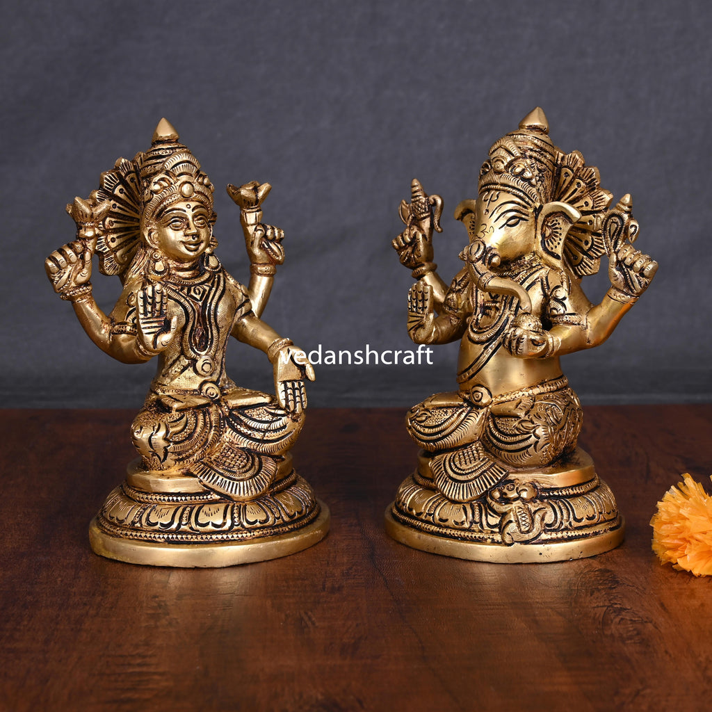 Brass Sitting Ganesha And Lakshmi Idols (6.8 Inch) Vedansh Craft