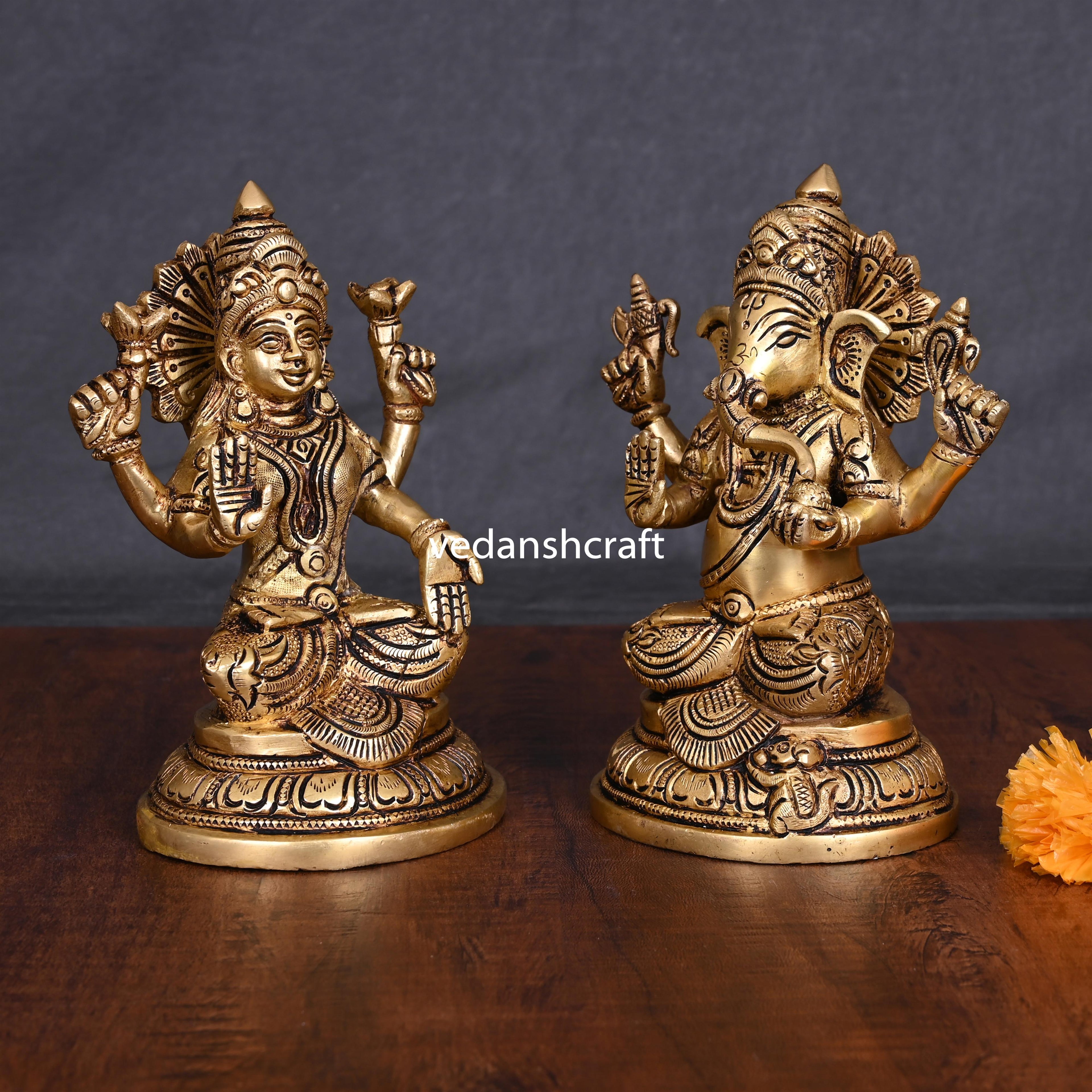 Brass Sitting Ganesha And Lakshmi Idols (6.8 Inch) Vedansh Craft