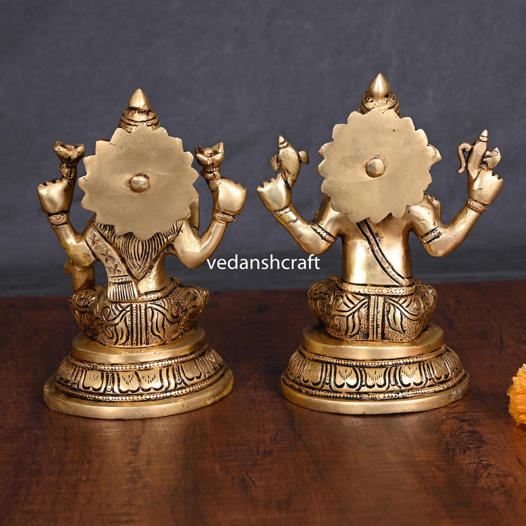 Brass Sitting Ganesha And Lakshmi Idols (6.8 Inch) Vedansh Craft