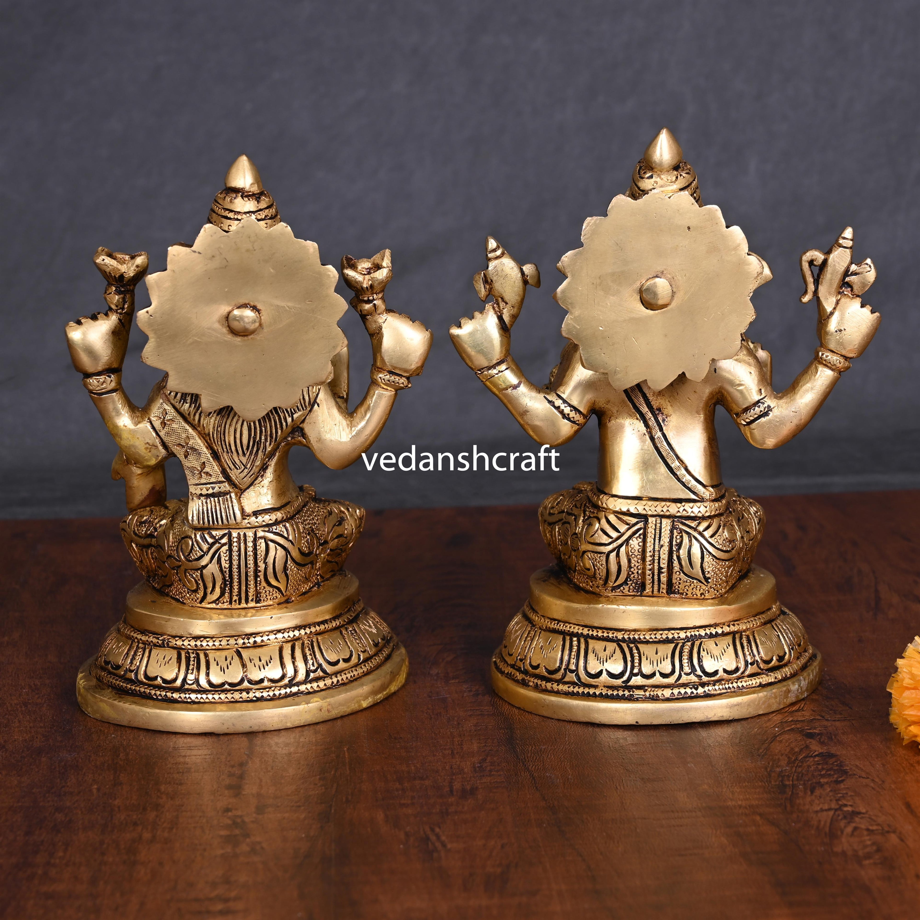 Brass Sitting Ganesha And Lakshmi Idols (6.8 Inch) Vedansh Craft