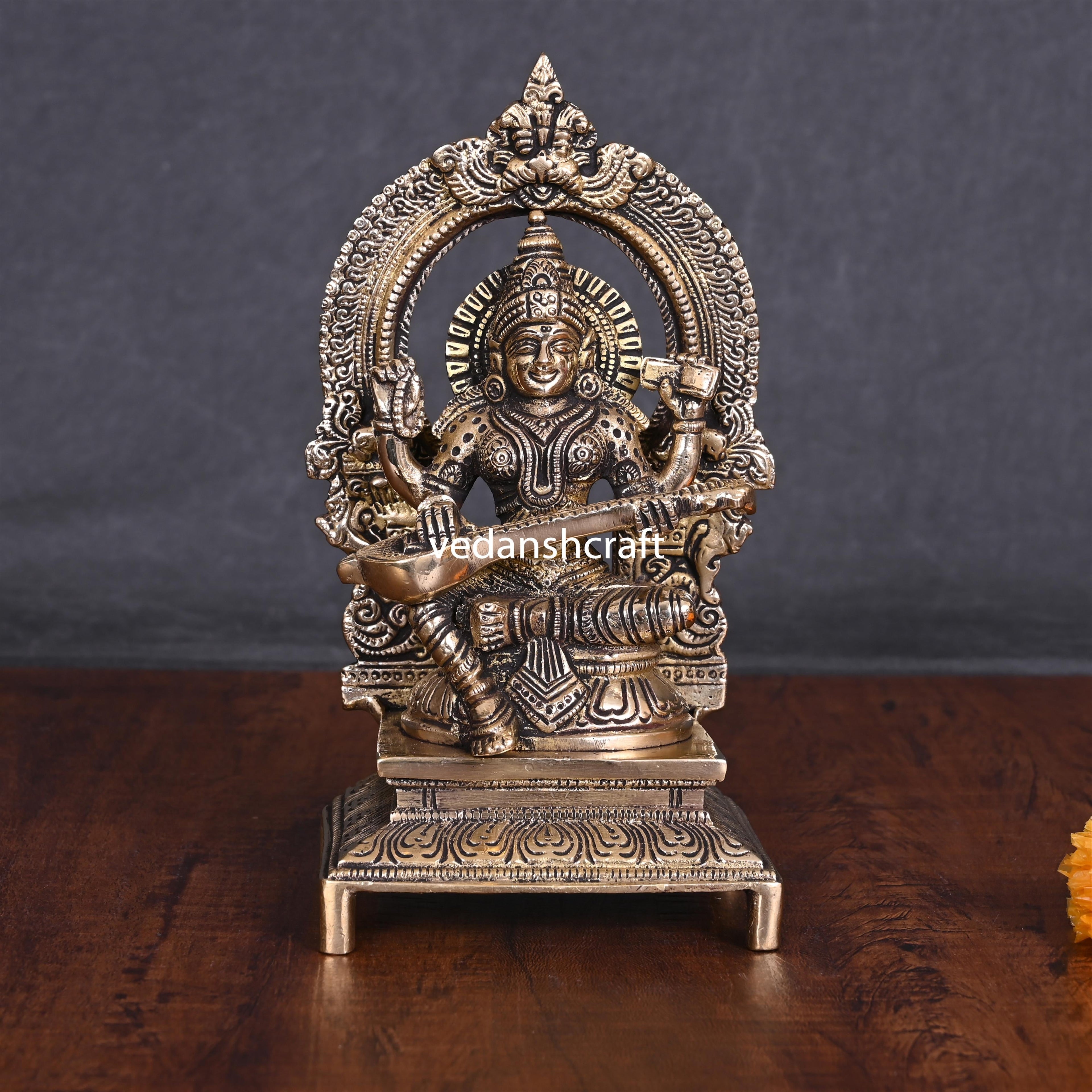 Brass Sitting Saraswati On Throne Idol (7.5 Inch) Vedansh Craft