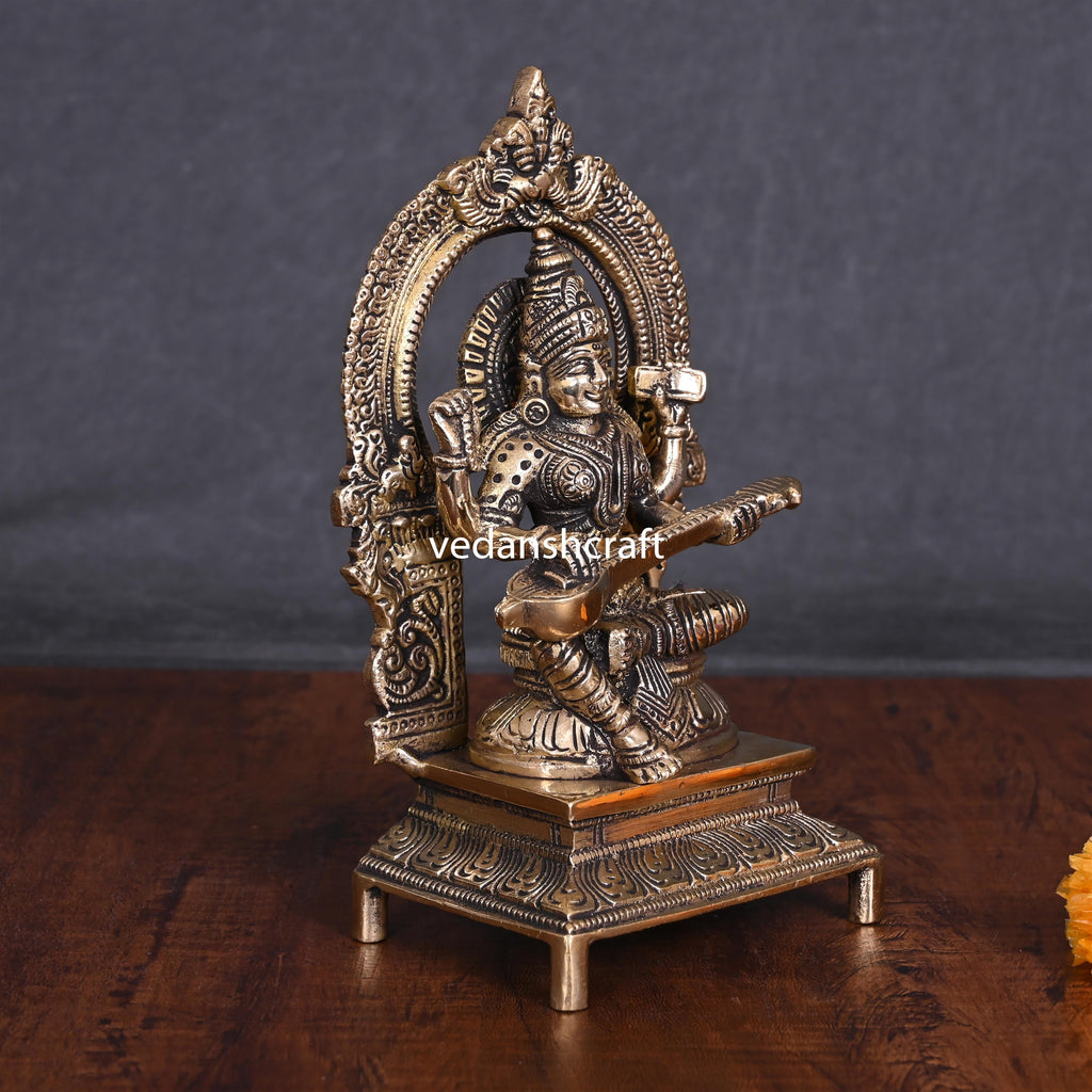 Brass Sitting Saraswati On Throne Idol (7.5 Inch) Vedansh Craft