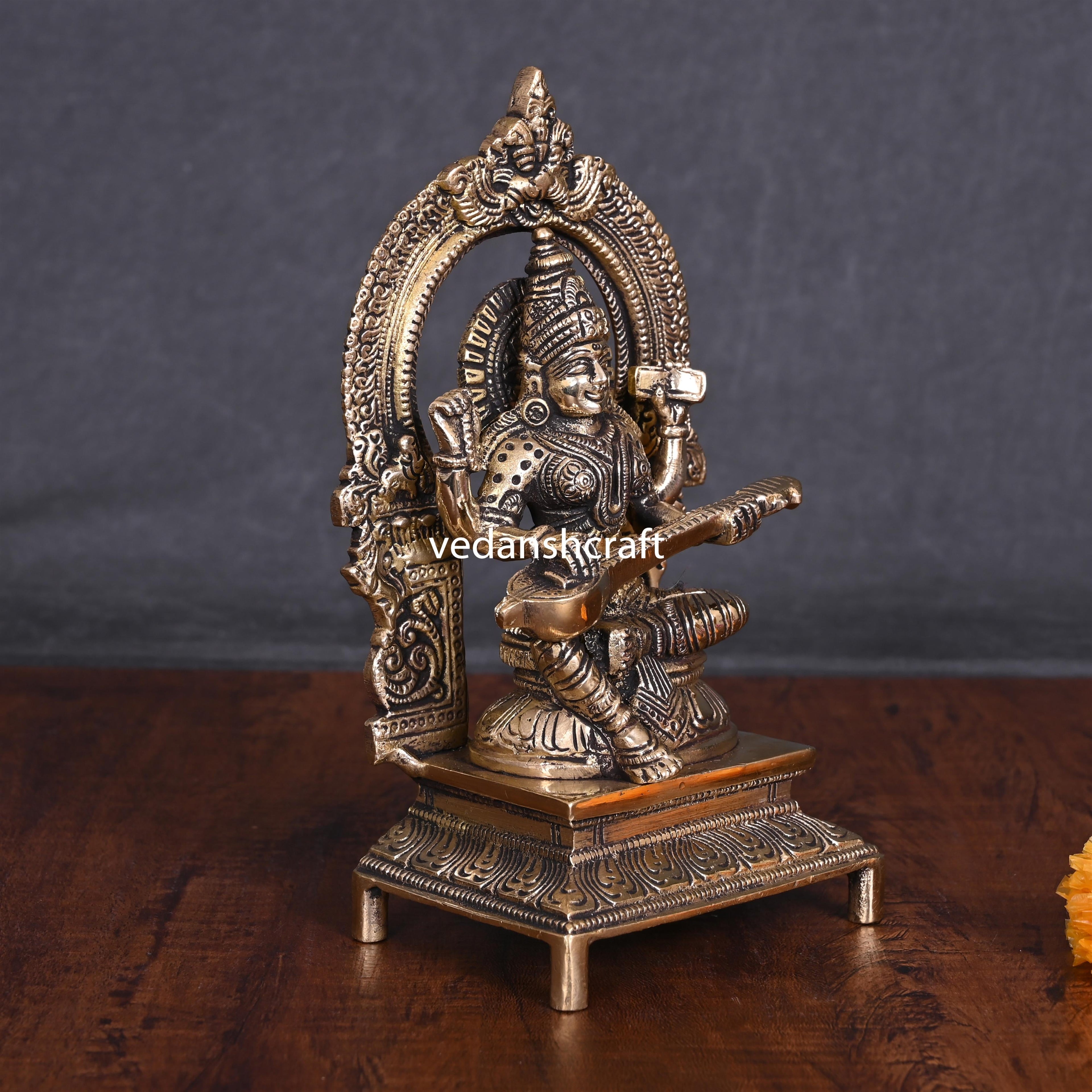 Brass Sitting Saraswati On Throne Idol (7.5 Inch) Vedansh Craft