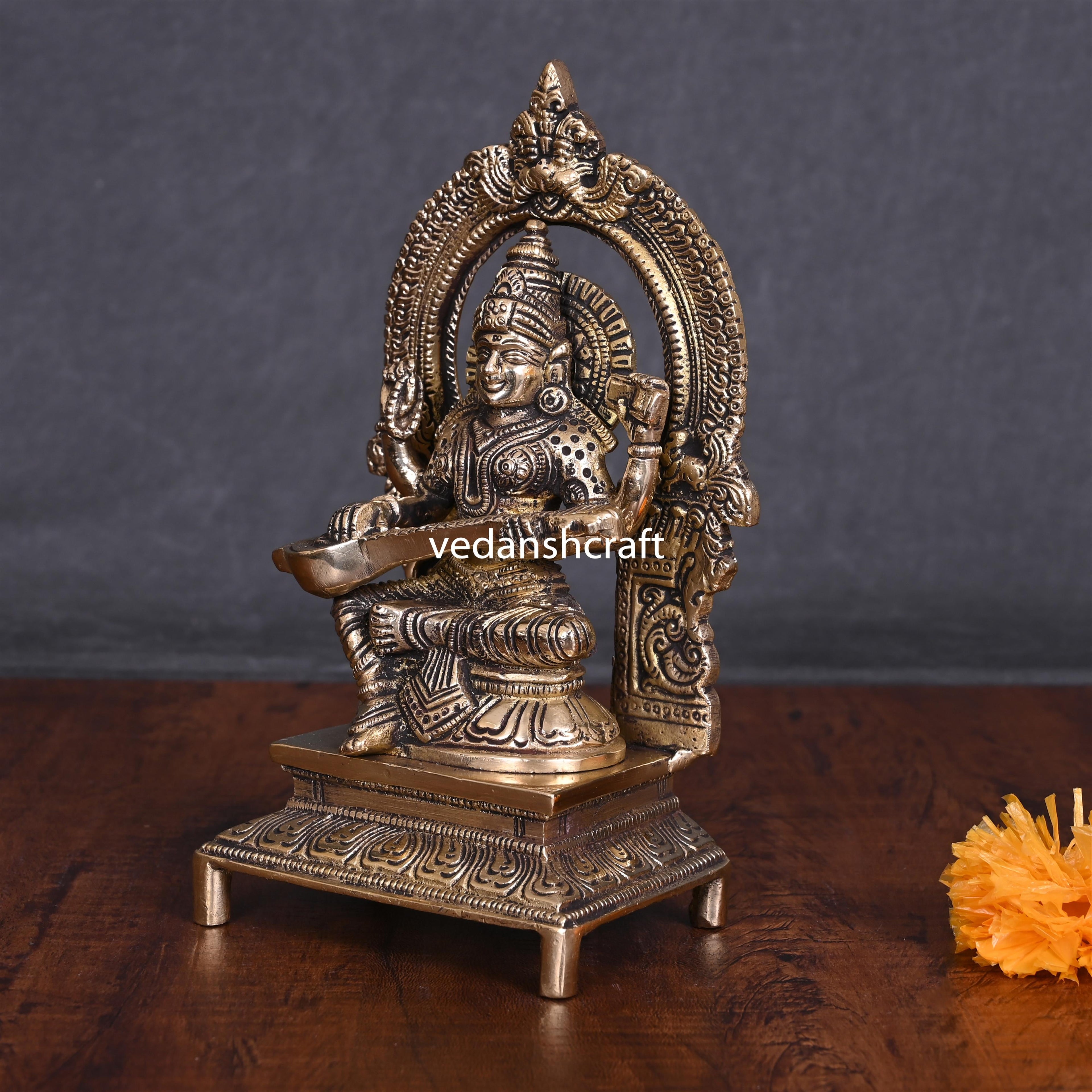 Brass Sitting Saraswati On Throne Idol (7.5 Inch) Vedansh Craft