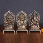 Brass Sitting Lakshmi, Ganesha, And Saraswati On Throne Set (7.5 Inch) Vedansh Craft