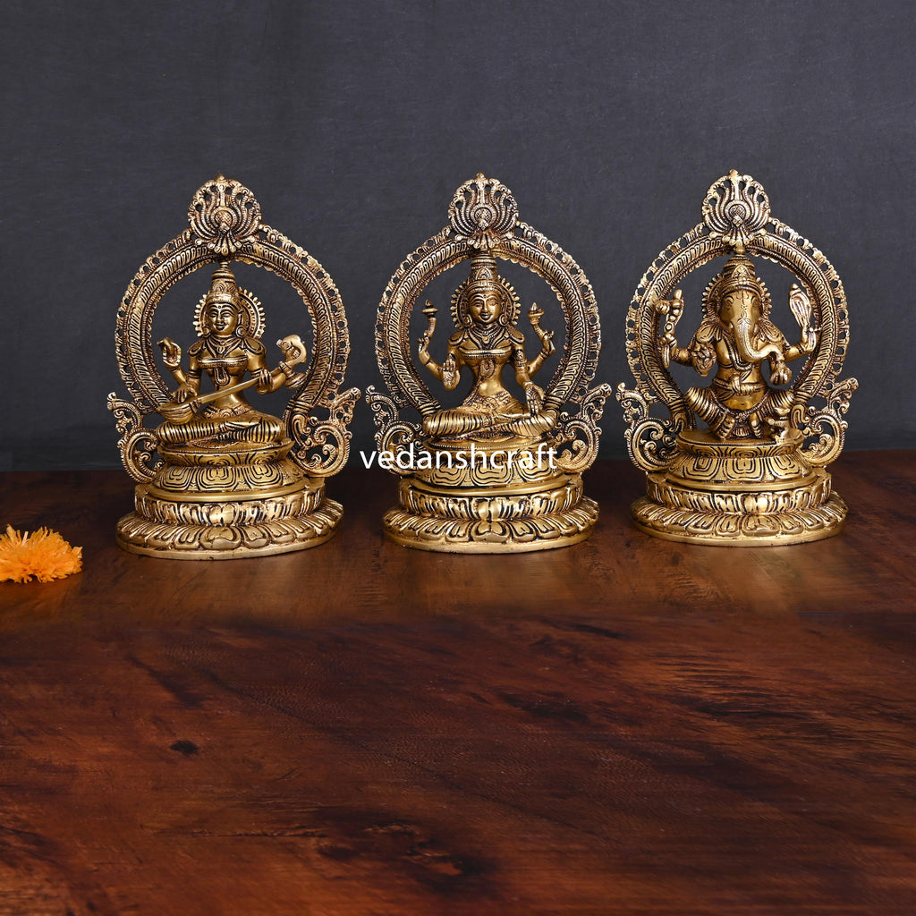 Brass Sitting Ganesha Lakshmi Saraswati Set (11.2") Vedansh Craft