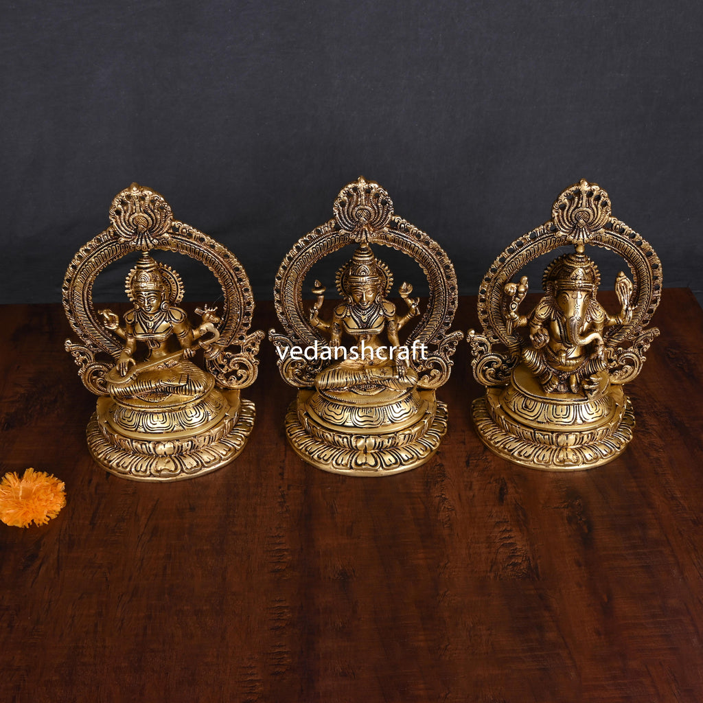 Brass Sitting Ganesha Lakshmi Saraswati Set (11.2") Vedansh Craft