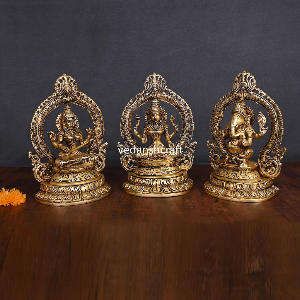 Brass Sitting Ganesha Lakshmi Saraswati Set (11.2") Vedansh Craft