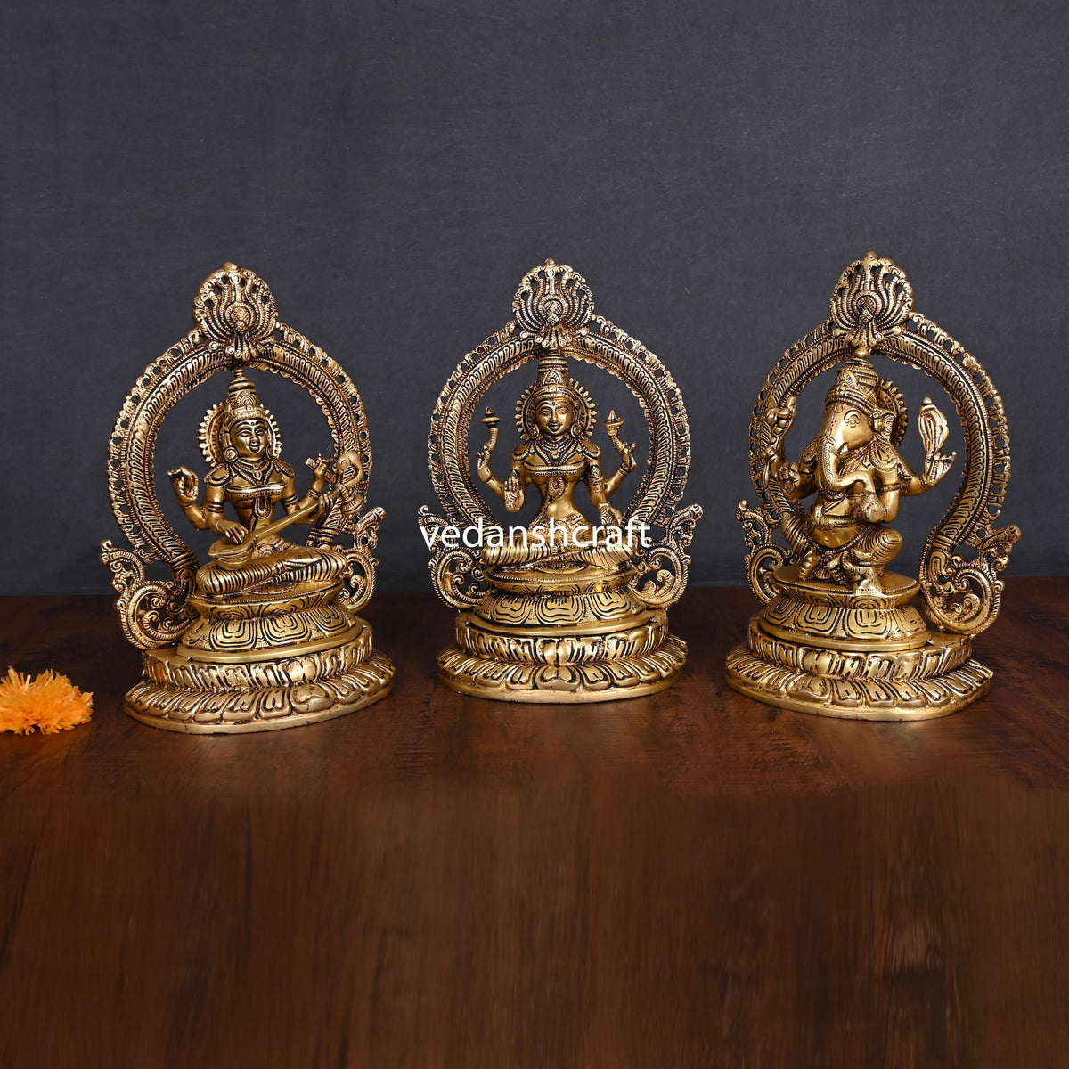 Brass Sitting Ganesha Lakshmi Saraswati Set (11.2") Vedansh Craft