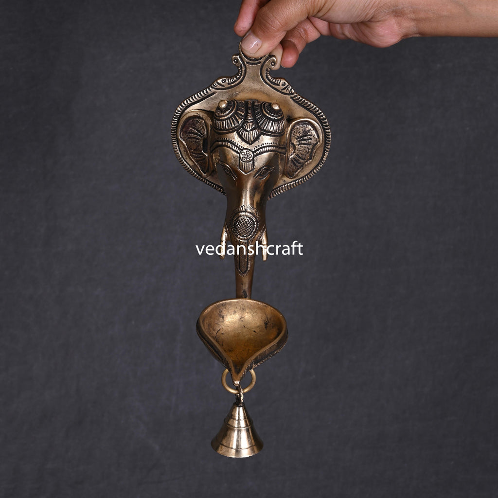 Brass Ganesha Face With Diya & Bell Wall Hanging (10 Inch) Vedansh Craft