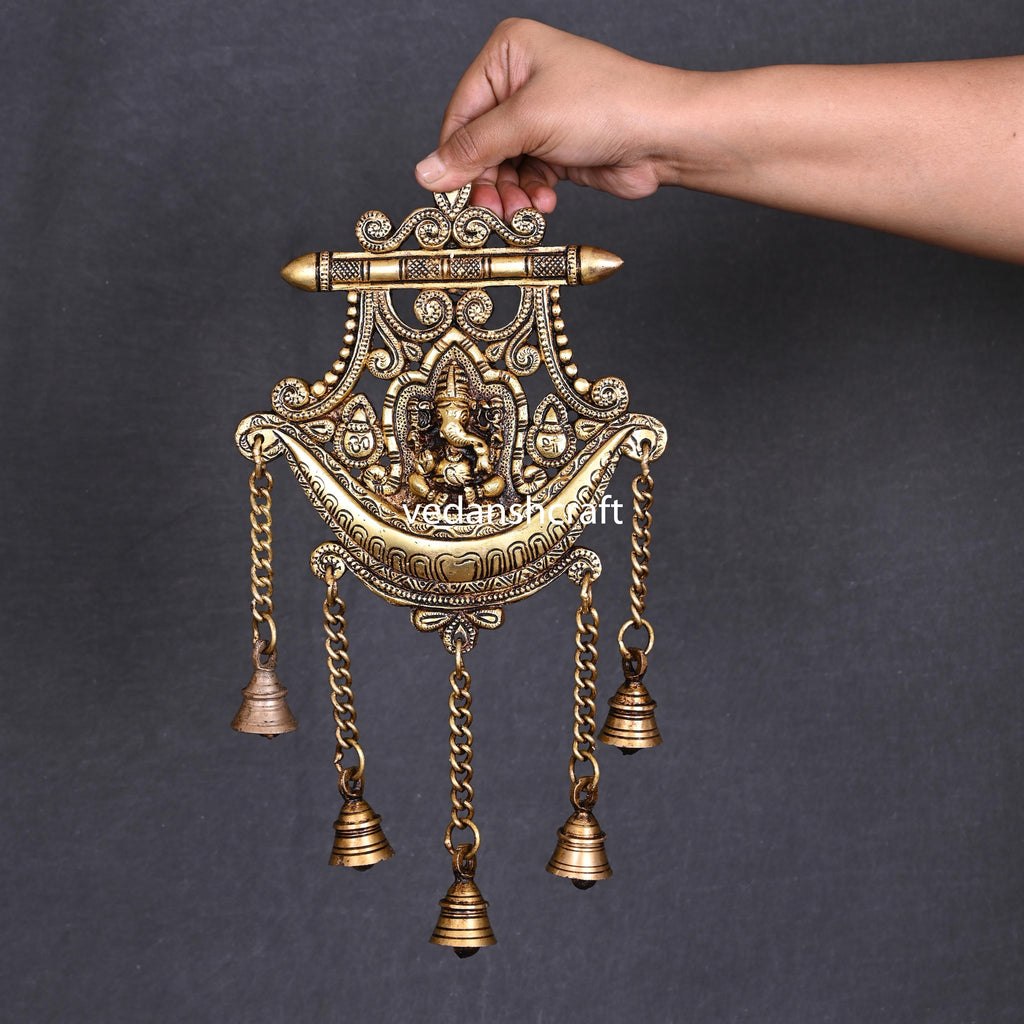 Brass Wall Hanging Ganesha In Frame With Five Bells (13 Inch) Vedansh Craft