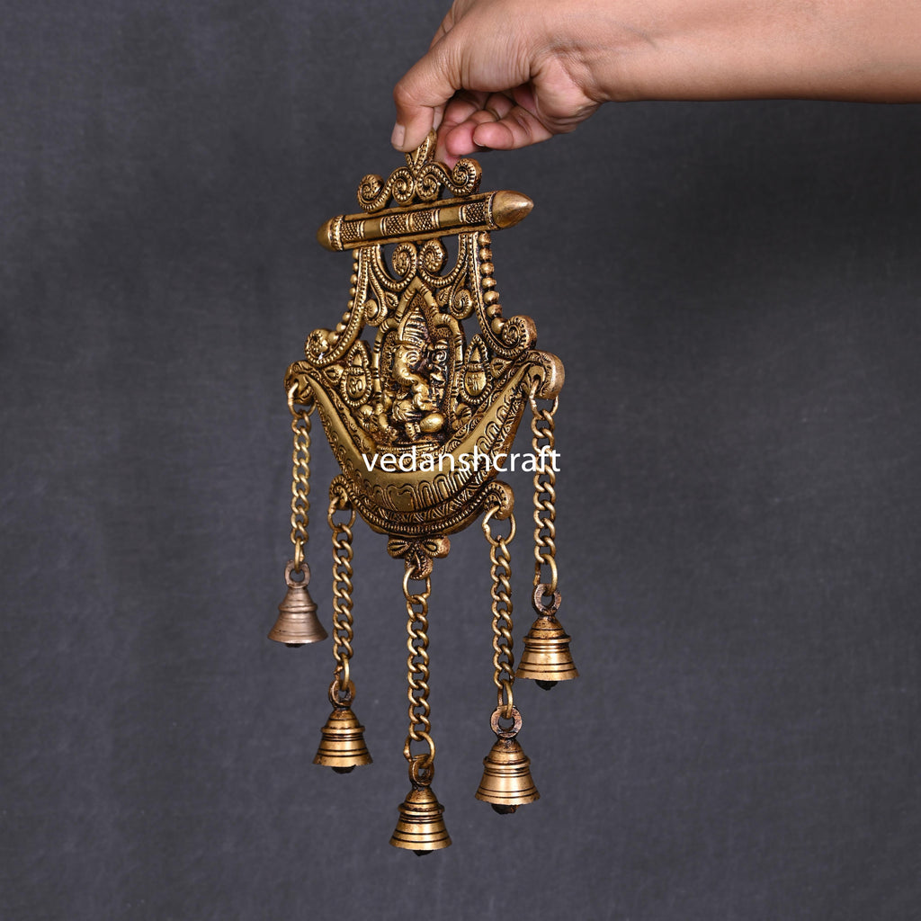 Brass Wall Hanging Ganesha In Frame With Five Bells (13 Inch) Vedansh Craft