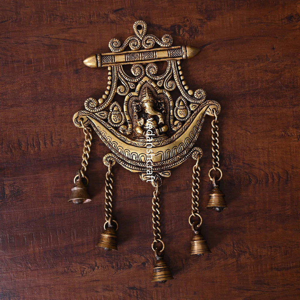 Brass Wall Hanging Ganesha In Frame With Five Bells (13 Inch) Vedansh Craft