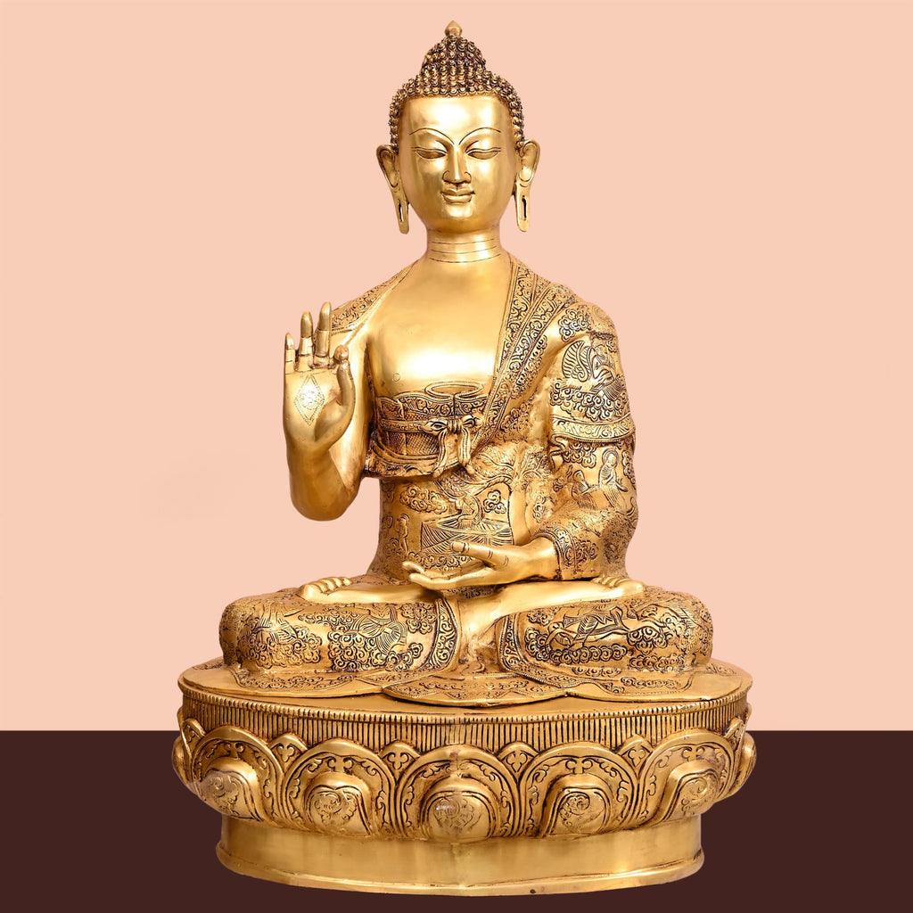 Brass Handcarved Blessing Buddha (33 Inch) Vedansh Craft